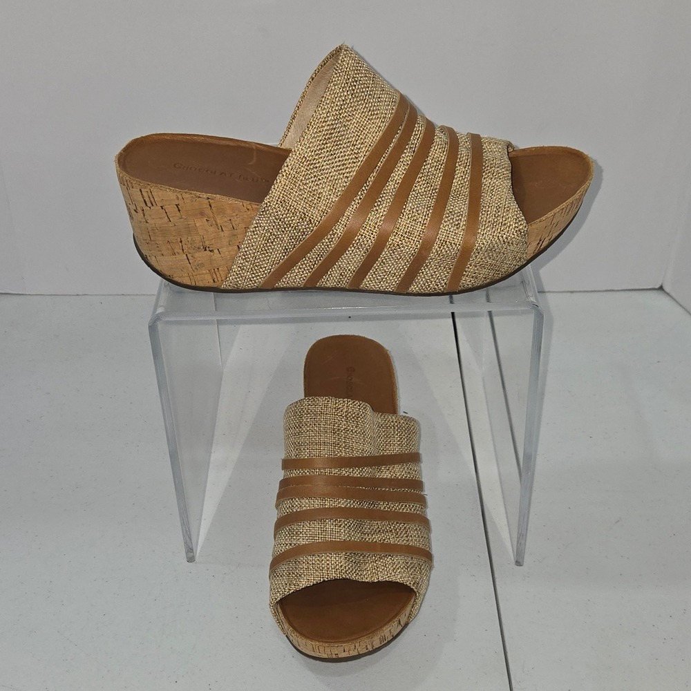 Chocolat Blu Marty Tan Woven Leather Cork Platform Wedge Slide Sandals Womens 9